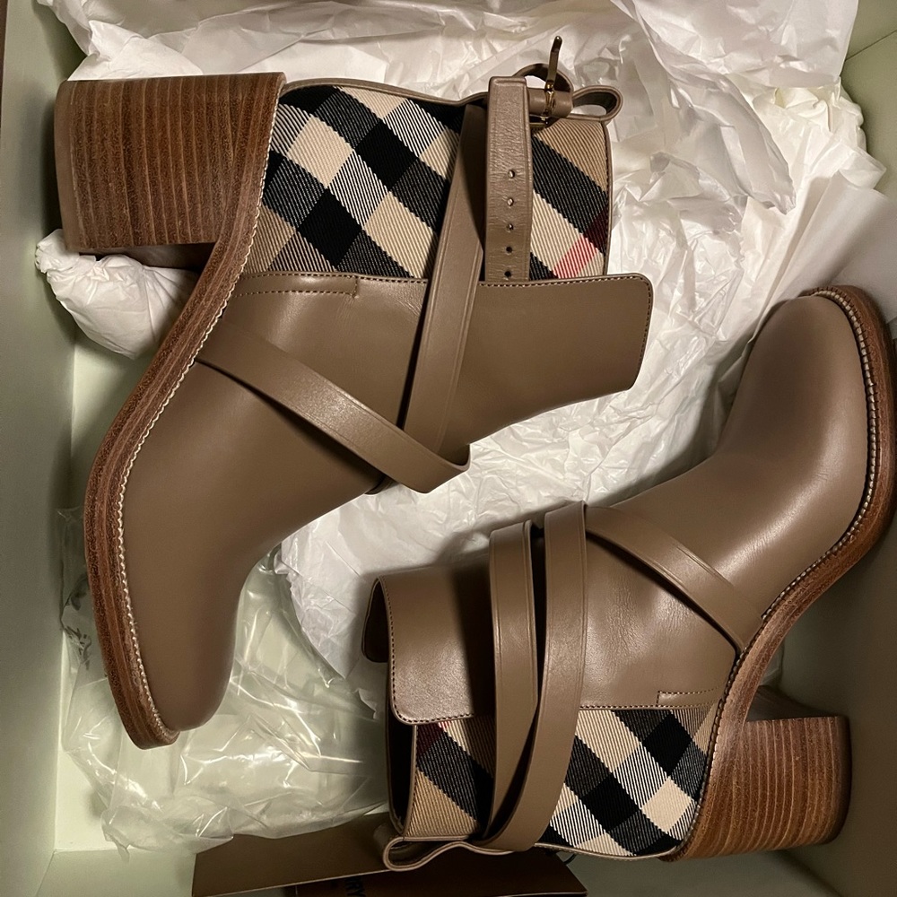 Burberry Tan and Black Plaid Ankle Boots